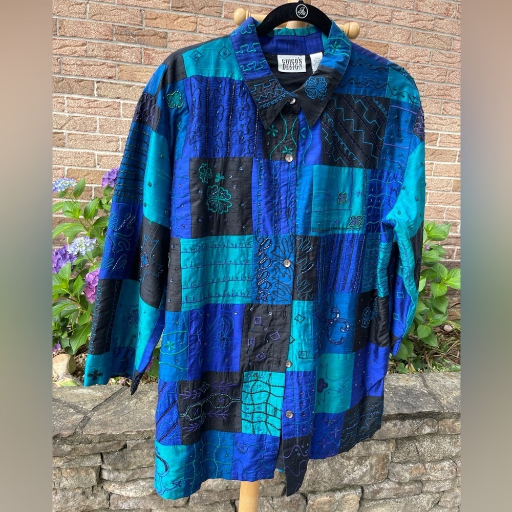 Chico's Designs 100% Silk Beaded Button Down Shirt XL Patchwork Embellished